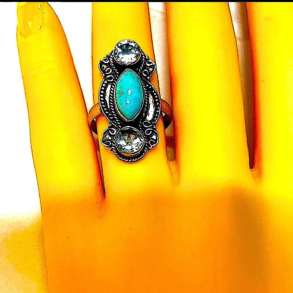 LARIMAR STERLING SILVER RING 2 AQUAMARINE STONES .925 1 1/2x1/2  Size 6 1/2 VINT - Picture 2 of 4